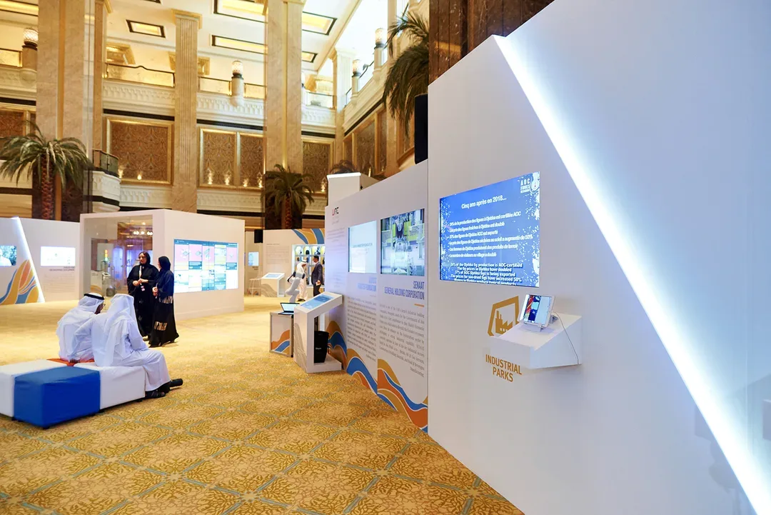 Wide-angle shot of Abu Dhabi exhibition hall filled with international delegates during UNIDO showcase