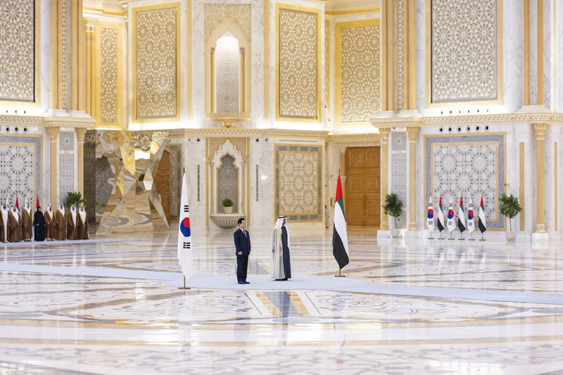 Panoramic view of Abu Dhabi presidential reception hall during state dinner performance